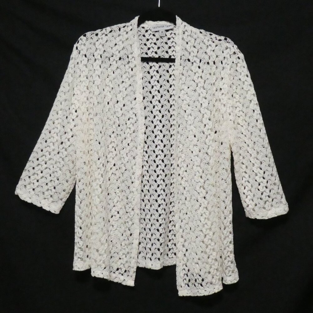 SOUTHERN LADY | medium | Cream Crochet Open Front 3/4 Sleeve Cardigan